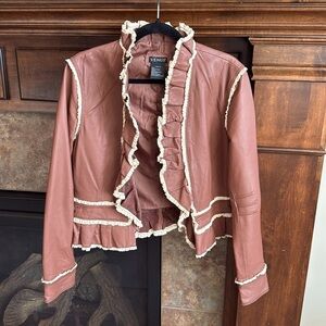 Adorable boho cottagecore brown genuine leather jacket ivory eyelet trim L